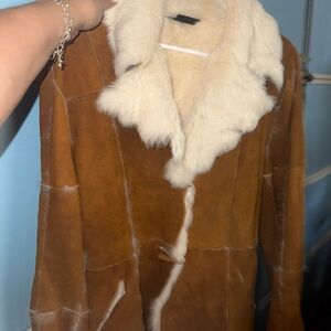 BKE Brown Suede Trench Coat with Cream Fur Collar